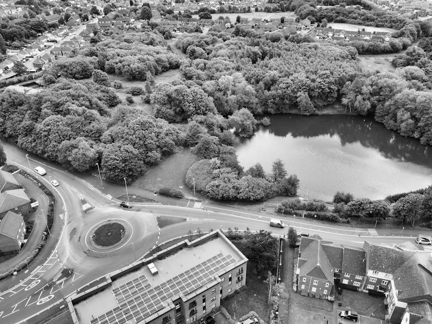 An aerial black and white photograph showing a suburban landscape with a large, tree-lined pond at the center, surrounded by dense foliage and residential houses. In the foreground, a roundabout with a small landscaped island and multiple vehicles including cars and vans navigating the junction is visible. Adjacent to the roundabout, a building with a flat roof covered in solar panels is situated near a road curving around the pond. The surrounding houses have pitched roofs and are closely clustered along the streets. The environment appears calm with natural elements and well-maintained roads, characteristic of a typical home relocation area. This scene could relate to the context of house removals and moving services provided by Man with Van Harold Wood, especially in terms of logistics, transport routes, and access points for local home relocations during moving and packing processes.