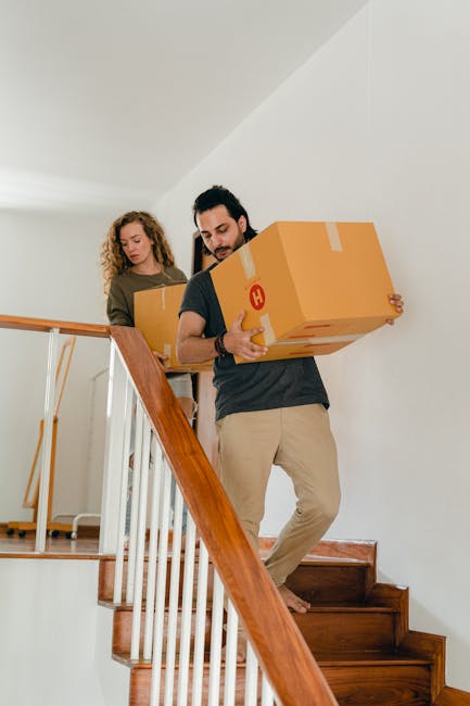 A man and woman are indoors in a bright, modern room with natural light coming through an arched window. The man, wearing a maroon t-shirt and orange trousers, is smiling and holding a small cardboard box marked fragile in his right hand. He is also holding a large, woven ceramic vase with a green leafy plant inside it, supported by his left hand. The woman, dressed in a white top and blue jeans with a plaid shirt tied around her waist, is seated on a dark green sofa and holding a large cardboard box, likely packed for a home relocation. The room features wooden flooring, a tall potted plant in a black pot on the right, and the atmosphere suggests preparation for packing or moving as part of a furniture transport or packing and moving process. This scene exemplifies household packing activities during local house removals, as facilitated by [COMPANY_NAME].