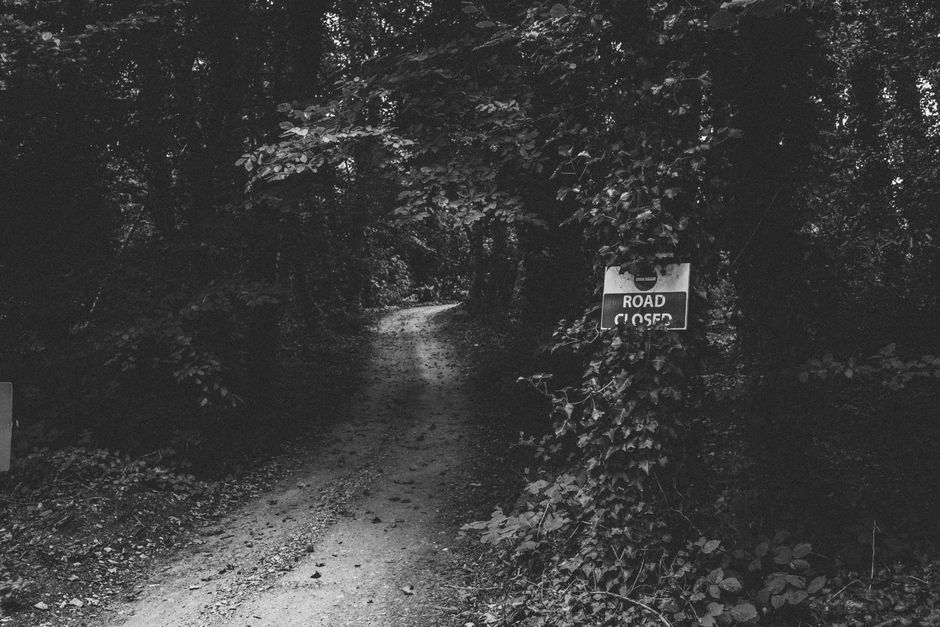 A narrow dirt pathway surrounded by dense trees and foliage, with leaves creating a canopy overhead. To the right side of the path, a rectangular sign with a black border and white background displays the words 'ROAD CLOSED' in bold black letters, partially obscured by vines and climbing plants. The scene appears to be in a rural or wooded area, with the path leading deeper into the woods. The lighting is subdued, suggesting a shaded environment. This image relates to the context of road closures and parking suspension permits in Harold Wood, as managed by Man with Van Harold Wood, highlighting the need for careful planning in home relocation or furniture transport near obstructed pathways or restricted access areas.